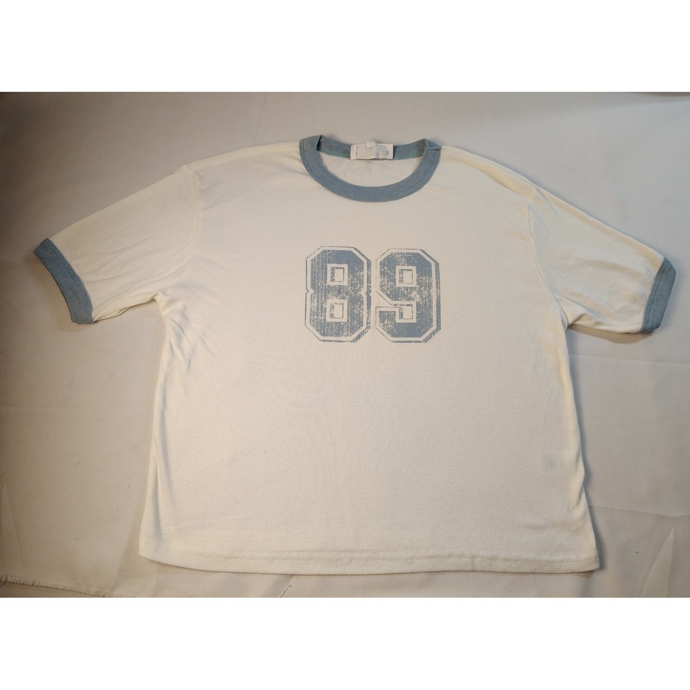 Hippie Rose Graphic Ringer Tee Cream Blue Retro Style Short Sleeve Top Size L